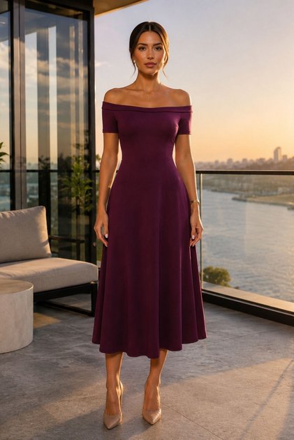 Rochie midi modal cu decolteu barcă - Roșu Claret