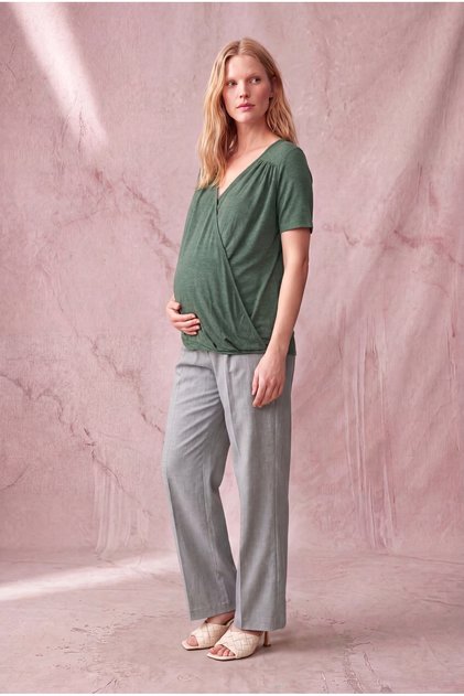 Maternity Green Viscose Double-Breasted V-Neck Short Sleeve Gathered Blouse with Breastfeeding Feature Simonne