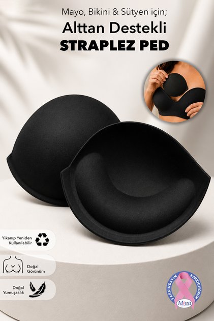 Straplez Göğüs Pedi - Yıkanabilir Alttan Destekli Bikini Mayo Push Up Sütyen Ped Siyah