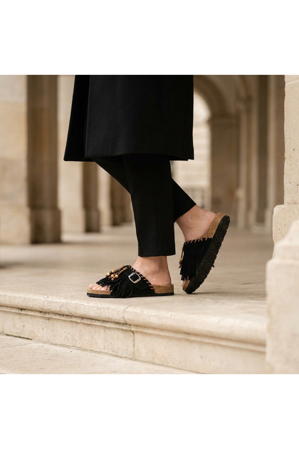 Sahara Suede Tasseled Cork Coated Comfort Slippers