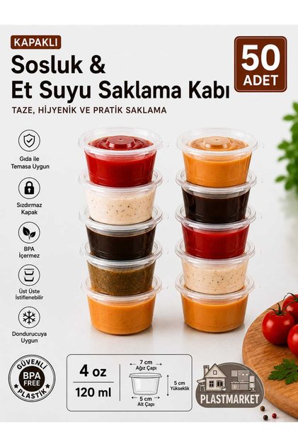 Sızdırmaz Kapaklı Mini Sosluk | Et Suyu - Kemik Suyu Saklama Kabı | Porsiyonluk Sosluk Kabı | Mama - Püre Saklama Kabı | 120 ml