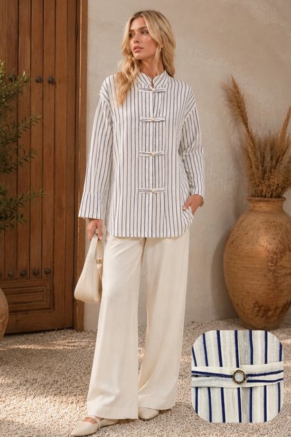 Women's Navy Blue Striped Glittery Long Stylish Shirt