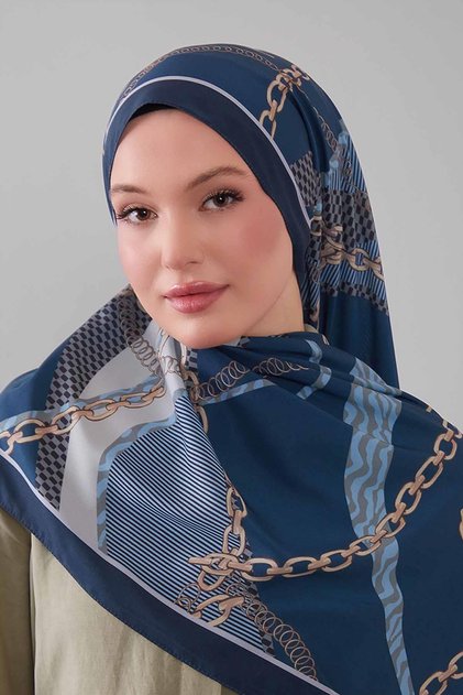 Petrol Blue Gold Chain Pattern Moos Chrep Shawl