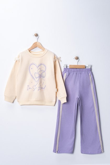 3-4-5-6 Years Old Girls' Set with Stone-Embellished Ribbon and Lace Details