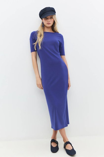Women's Basic Maxi Dress with Slits, Crew Neck, Short Sleeves, Cotton