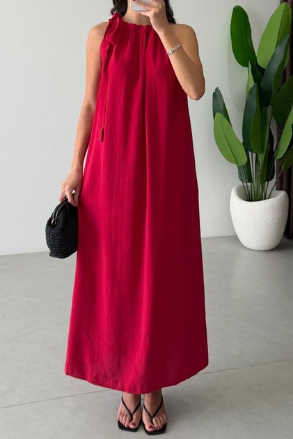 Light Red Shoulder-To-Shoulder Long Dress 3213