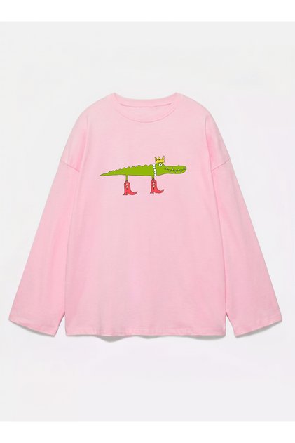 100% Cotton Oversize Fit Crocodile Printed - Crew Neck Long Sleeve T-Shirt
