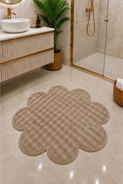 Bubble Papatya Modeli Renk Bej Yumuşak Peluş Kaymaz Taban yıkanabilir Dekoratif Salon Oturma Odası Banyo Paspası Halısı