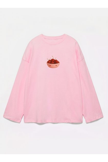 100% Cotton Oversize Fit Cherry Printed - Crew Neck Long Sleeve T-Shirt
