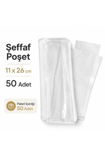 Şeffaf Poşet 11x26 Cm Kilitsiz Şeffaf Kalın Yırtılmaz Akıtmaz Şeker Şarküteri Poşeti 50 Adet