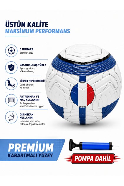 Fransa 5 Numara Futbol Topu Desenli | Kabartmalı Dayanıklı Yüzey | Pompa Dahil | Halı Saha, Çim Saha ve Antrenman Topu