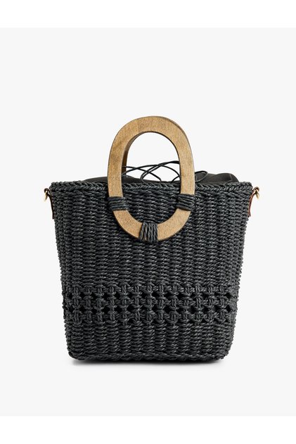 Wicker Tote Bag with Wooden Handle and Strap