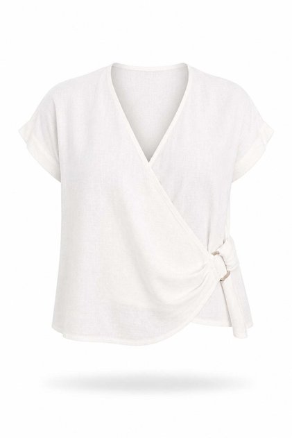 Ecru Double-Breasted Collared Blouse with Metal Accessories 30005