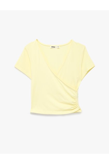 Cotton Slim Fit Draped Short Sleeve V-Neck Double Breasted T-Shirt