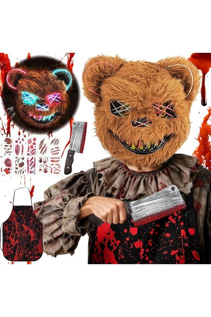 Mască de urs înfricoșătoare de Halloween cu LED, costum de carnaval, maro, de groază