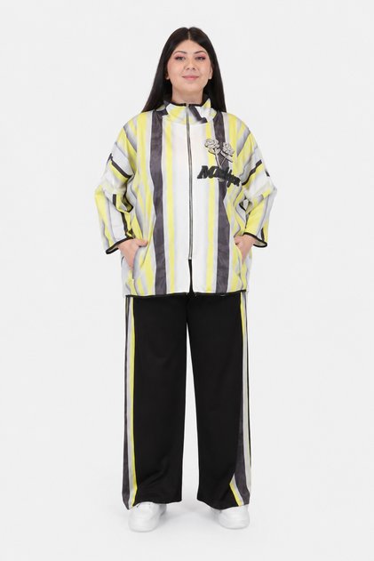 Plus Size Women's Viscose Stone Embroidered Capri Sleeve Zippered Sports Stylish Two-Piece Suit