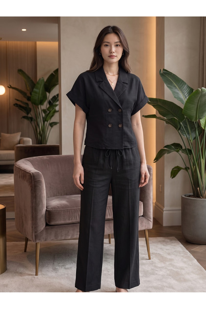Ladies Textured Crop Blazer Blouse & Trouser set - Casual Notch Lapel Summer Top