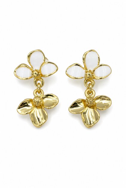 Elegant Yellow Color White Enamel Flower Motif Dangle Bijouterie Earrings