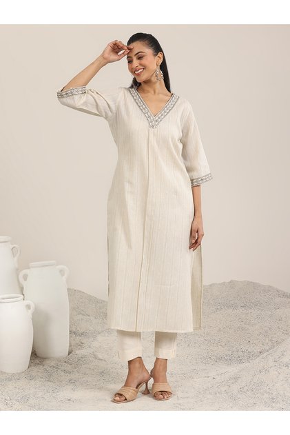 Off White Printed cotton blend Straight Kurta