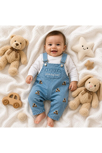 Cute dog print soft denim overalls with inner shorts