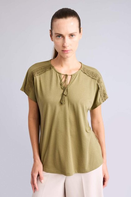 Lace-Up Collar Short Sleeve T-Shirt C1874Ax26Sp