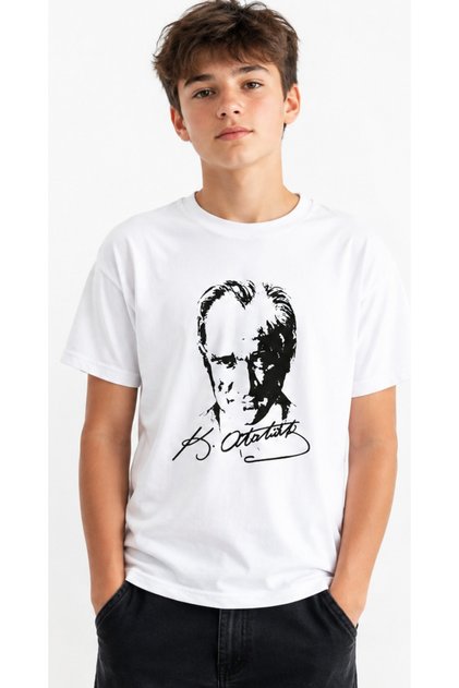 Boy'S/Girl's Ataturk Patterned Signature White Color Short Sleeve T-Shirt