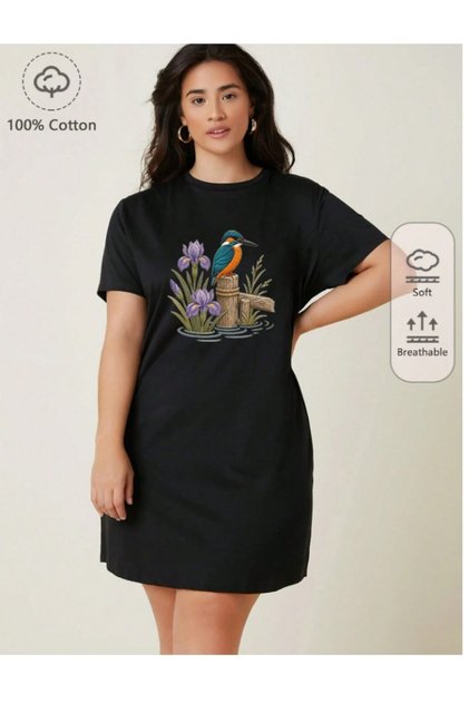 Kingfisher Bird and Iris Flower Printed Oversize Extra Long Tunic T-Shirt