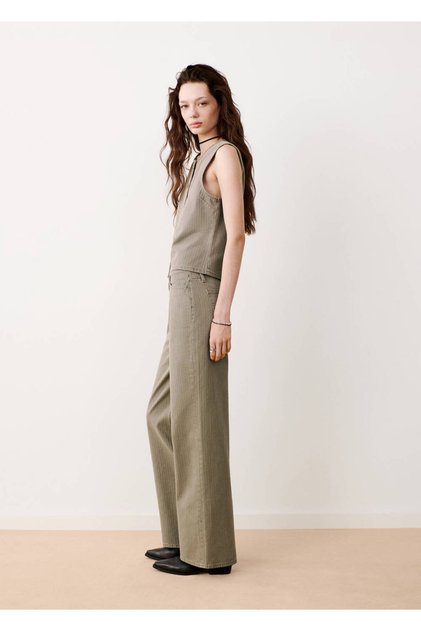 Çizgili wide leg jean pantolon