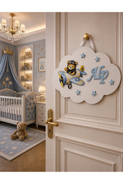 El Yapımı İsme Özel Bulut Uçaklı Ayıcık Model Bebek Kapı süsü, Hastane Süsü, Bebek İsimlik