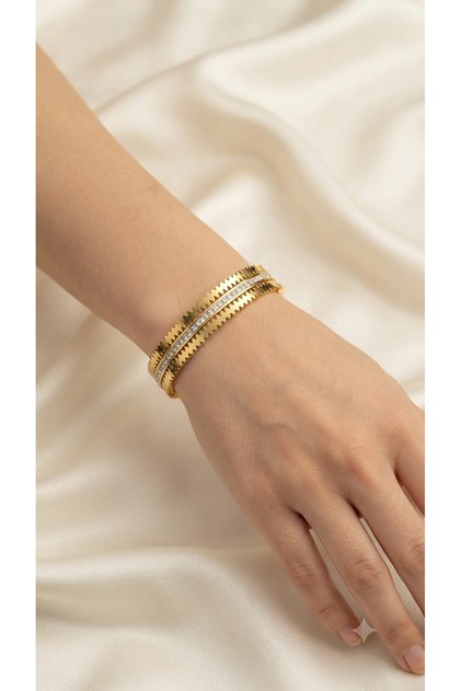 Gold Zircon Stone Detailed Steel Handcuff Bracelet – Women's 316L Stainless Steel Bracelet