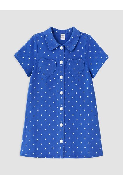 Lcw Kids Blue Shirt Collar Polka Dot Girls Dress