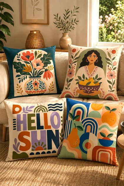 Simple Girl and Flowers Patterned 4-Piece Throw Pillow Cover Set