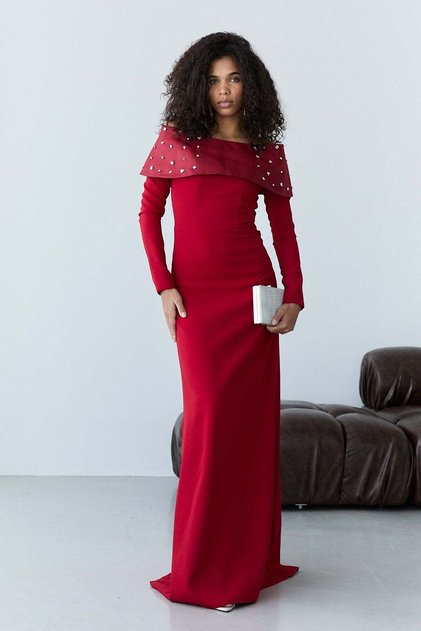 Burgundy Madonna Collar Beaded Embroidered Long Sleeve Evening Dress