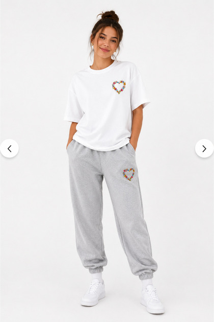 Floral Heart Detailed Oversize Cotton T-Shirt Tracksuit Set