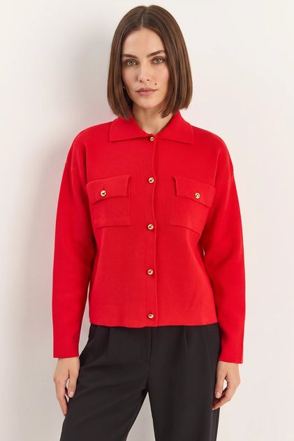 Women's Gold Button Detailed Pocketed Knitwear Red Cardigan