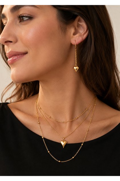 Women's Heart Necklace and Earring Set Gold Color Multiple Chain Minimal Elegant Jewelry Gift