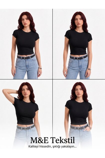 Kadın Siyah Bisiklet Yaka Pamuklu Likralı Kısa Kol Body Crop Bluz