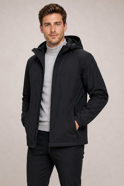Men's Black Water-Resistant Windbreaker & Raincoat with Removable Hood and Zipper