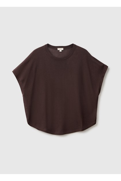 Women's Dark Brown Viscose Blended Oversize Short Sleeve Crew Neck Sweater