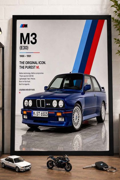 BMW M3 E30 M Mavi Klasik Spor Araba Siyah Çerçeveli Poster Tablo DDK1093