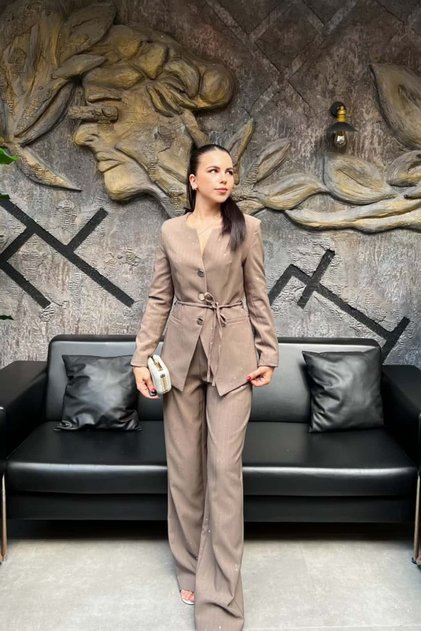 Women's Jacket with Waist Tie and Pocket Detail, Relaxed Fit Pocket Trouser Set Sun441