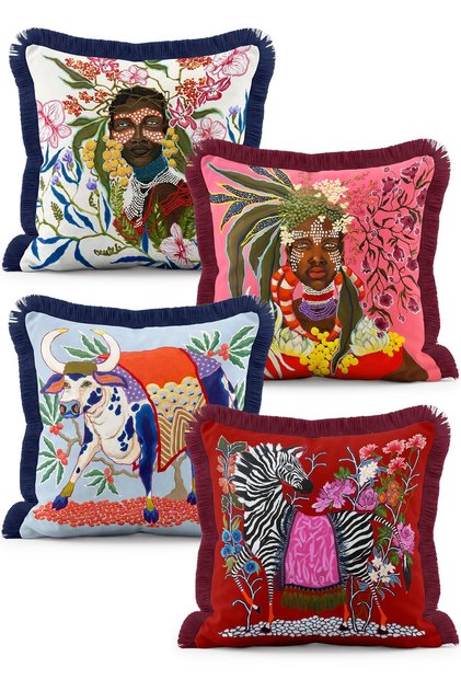 Ethnic Portrait Zebra and Bull Figured Floral Patterned 4-Piece Fringed Throw Pillow Cover Set