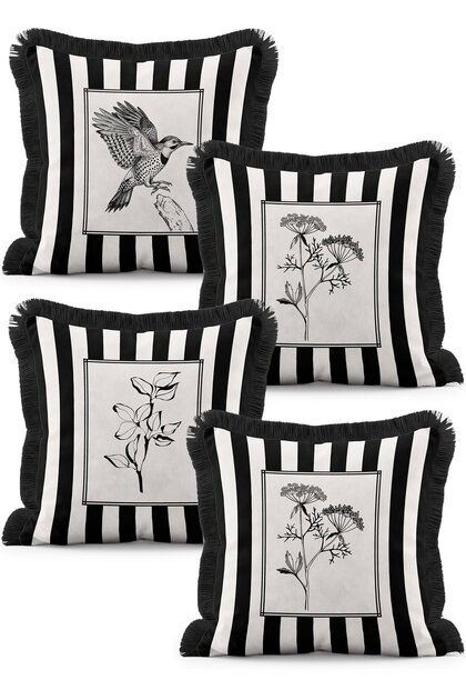 Black and White Striped Botanical Floral and Bird Patterned 4-Piece Fringed Throw Pillow Cover Set