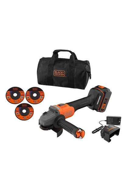 Polizor unghiular, cu 1 acumulator, 18 V, 4 Ah, Black+Decker BCG6L8F1S-QW, motor fara perii, 7600 rpm, 115 mm, cu valiza si accesorii