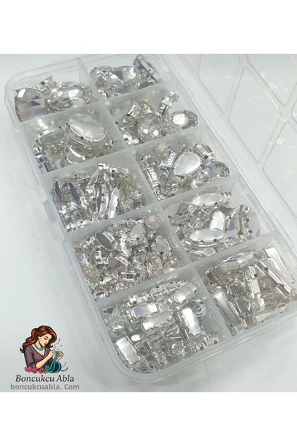 Mixed Shaped Crystal Glass Stone Set with Stand Case, Boxed, 214 Pieces