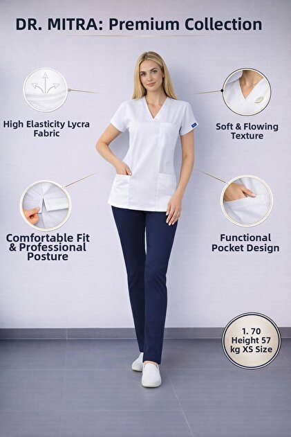 Top White Bottom Navy Blue Stretch Fabric Nurse Doctor Uniform Unisex Surgical Suit Scrubs Uniform