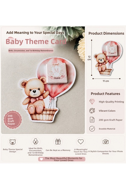 50 Pieces Pink Balloon Teddy Bear Baby Card & Tag | 12X11 cm | 200 Gr Kuşe | Pre-Cut Ready | Chocolate Not Included