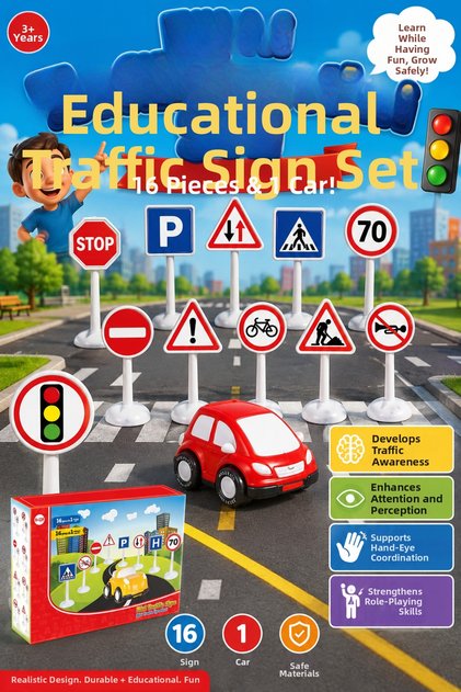 17 Piece Mini Traffic Signs Road Set - Educational Set with Toy Cars (Ages 3+)