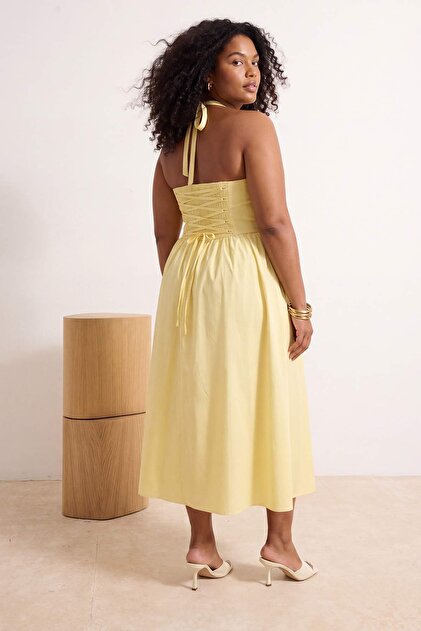 Trendyol Curve Yellow Halter Neck Wide Poplin Maxi Woven Plus Size