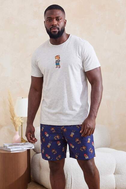 Big Size Gray Melange Regular Teddy Bear Printed Knitted Pajamas Set Tmnss26Ai00017